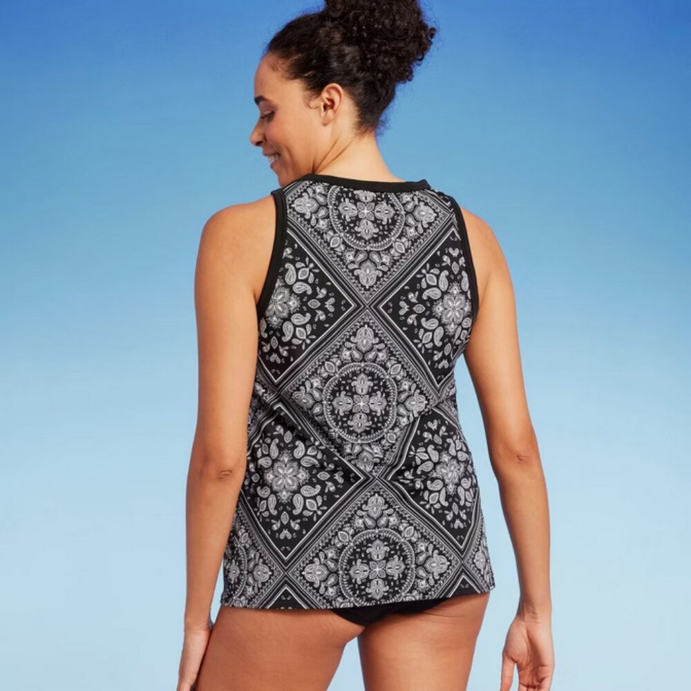 Lands' End Women's UPF 50 Bandana Print High Neck Tankini Top - Black M - Picture 3 of 5